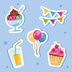 bundle of five party birthday icons vector illustration design