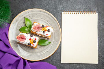 top view yummy waffle cakes with fruits on a dark background sweet cake photo cream sugar dessert