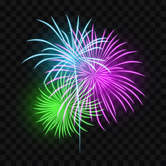 Obraz premium Fireworks on transparent background, vector illustration.