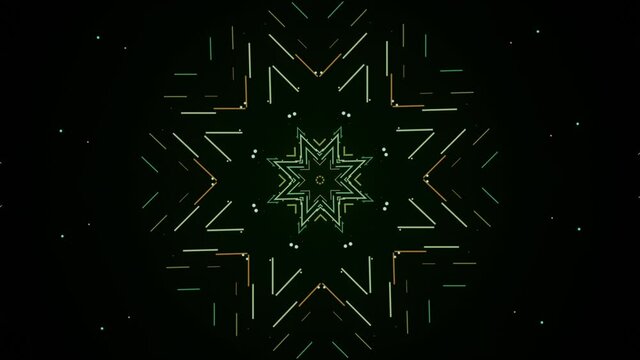 Shiny ornamental snowflake on black background. Media. Abstract Christmas snowflake or star moving in a symmetrical shape dance. 