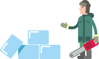 The sculptor, a man with a saw in his hands, stands near the ice blocks. Ice carving. Flat infographics. Vector illustration.