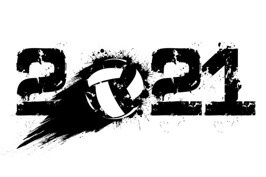Abstract numbers 2021 and volleyball ball made of blots in grunge style. 2021 New Year on an isolated background. Design pattern. Vector illustration