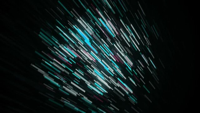 Colorful stripes flying in the dark. Animation. Abstract elongated rectangles of white and blue colors moving up and down randomly isolated on black background, seamless loop.