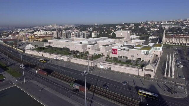 belem cultural center lisbon portugal aerial shot 4k