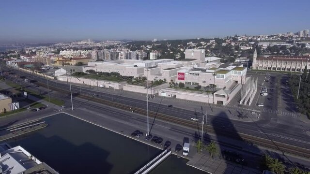 belem cultural center lisbon portugal aerial shot 4k
