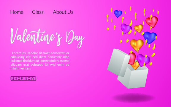 Landing page pink background romance illustration , greeting celebration gift valentine day decoration isolated , suprize heart greeting