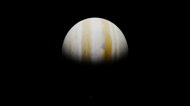 A unique perspective of the planet Jupiter, a gas giant in our solar system. Seen from orbit through a full day and night cycle, with an eclipse of the sun and several moons visible.