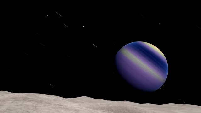 A view of a strange barren alien moon, tidally locked around a beautiful purple gas giant in an alien solar system. A science fiction exoplanet 3D render animation