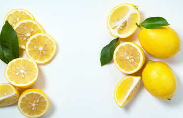 Lemons placed on a white background with copy space and cut in half