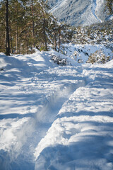 Small winter walking path through deep snow in Austrian Alps at Mieming, Tyrol, Austria