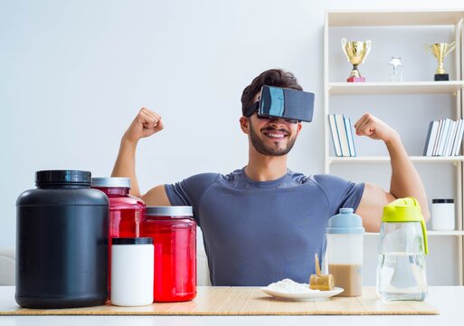 Man with nutrition jars and virtual reality glasses