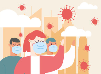 Woman with mask at city vector design