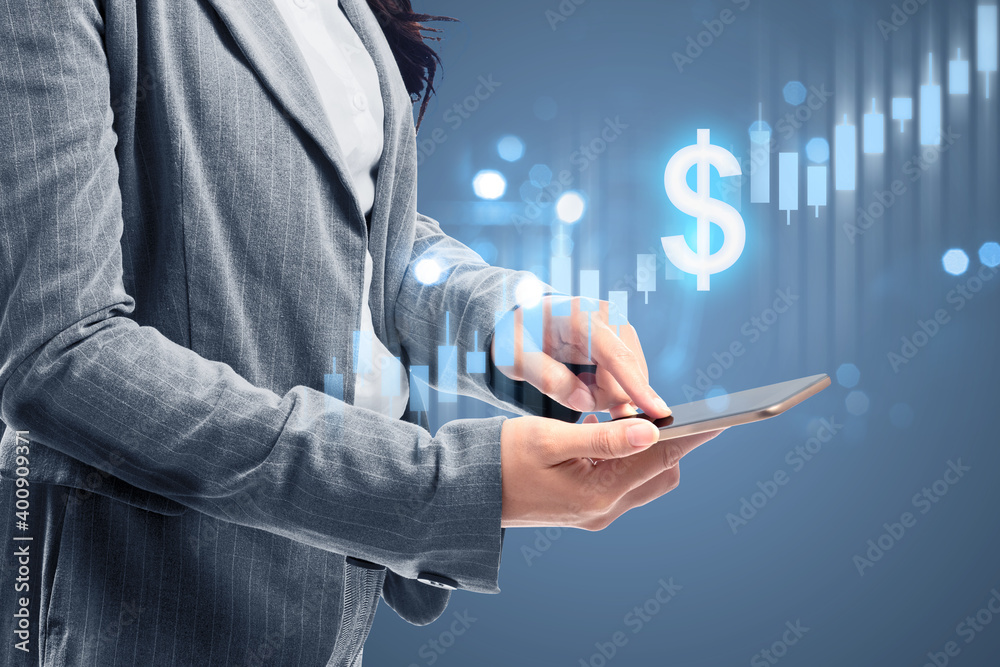 Wall mural businesswoman with mobile phone showing a dollar virtual bar chart