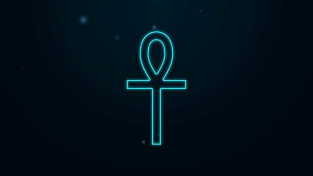 Glowing neon line Cross ankh icon isolated on black background. 4K Video motion graphic animation