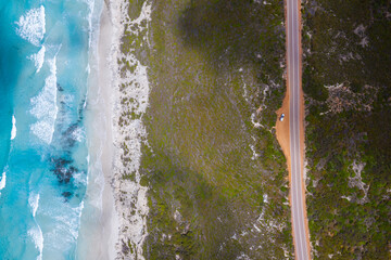 Aerial perspective of the coastal road in Esperance. 