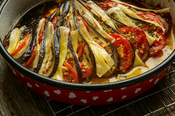 Homemade ratatouille dish in round tray
