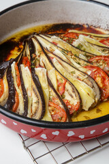 Homemade ratatouille dish in round tray
