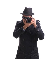 Spy with camera taking pictures isolated on white