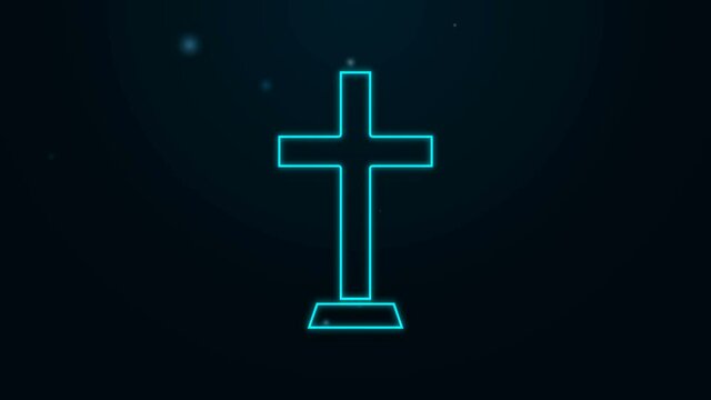 Glowing neon line Christian cross icon isolated on black background. Church cross. 4K Video motion graphic animation