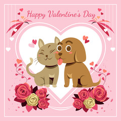 Kawaii lover dog and cat, valentine day card vector