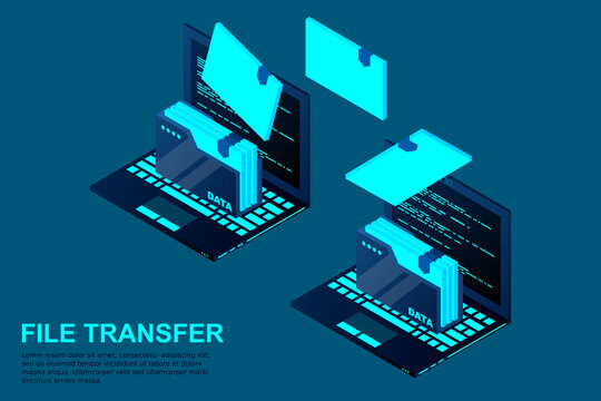 Isometric Computer File Transfer Vector. Two Laptop Computers With Folders Send And Upload Documents. Vector Illustration.