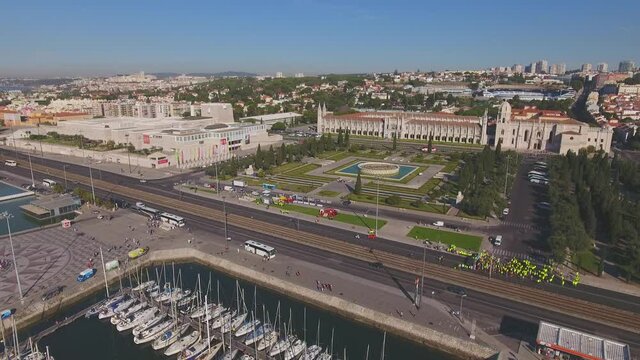 Jer&oacute;nimos Monastery Lisbon Portugal aerial shot 4k