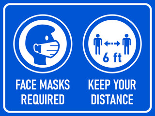 Face Masks Required and Keep Your Distance 6 ft or 6 Feet Horizontal Warning Sign including Text and Instruction Icons. Vector Image.