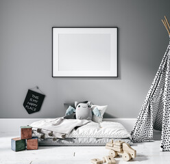 Contemporary children room, wall frame mockup, 3d render