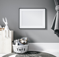 Contemporary children room, wall frame mockup, 3d render © artjafara