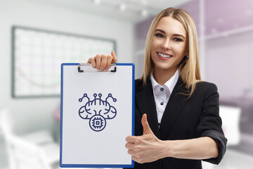 Business, technology, internet and network concept. Young businessman thinks over the steps for successful growth: