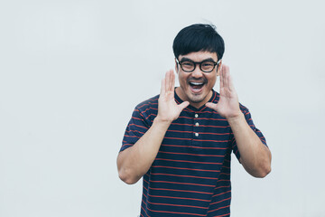 adult asian man.young male wear eye glasses.posing smiling look excited surprised thinking positive happy joy life.empty,copy space for text advertising.white background.attractive fashion people