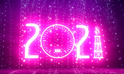 New Year greeting card template. 2021 year number. Industrial concept. 3D rendering. Neon shine