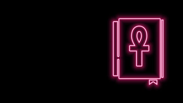 Glowing neon line Cross ankh book icon isolated on black background. 4K Video motion graphic animation