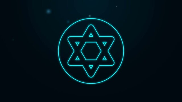 Glowing neon line Star of David icon isolated on black background. Jewish religion symbol. Symbol of Israel. 4K Video motion graphic animation