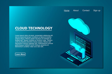 Cloud technology computing concept. Isometric cloud technology with folder data and laptop. Modern cloud technologies. Vector illustration