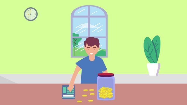 Child using calculator to counting money on jar