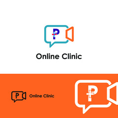 Letter P with chat, video, medical cross icon for Health online consultant logo vector concept