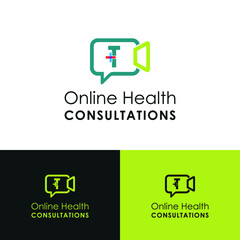 Fototapeta premium Letter T with chat, video, medical cross icon for Health online consultant logo vector concept