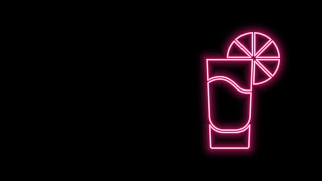 Glowing neon line Tequila glass with lemon icon isolated on black background. Mexican alcohol drink. 4K Video motion graphic animation