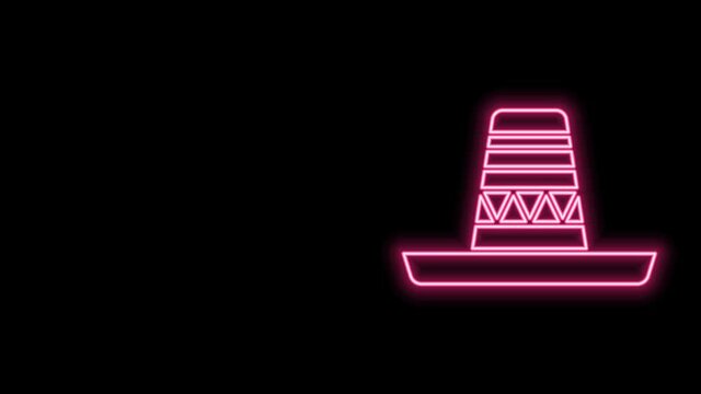 Glowing neon line Traditional mexican sombrero hat icon isolated on black background. 4K Video motion graphic animation