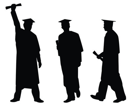 Set of graduated men silhouette vector on white, education