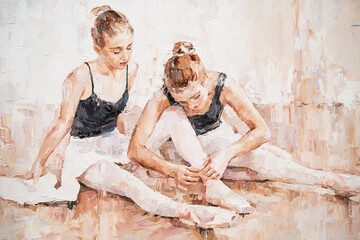 Young ballerinas in light pink tutus are preparing for their performances. The background is light beige. Oil painting on canvas.. © Mariia