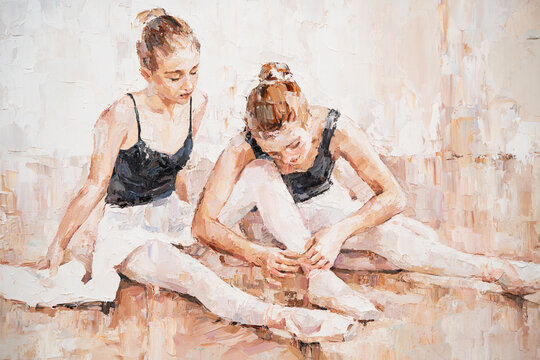 Young ballerinas in light pink tutus are preparing for their performances. The background is light beige. Oil painting on canvas..