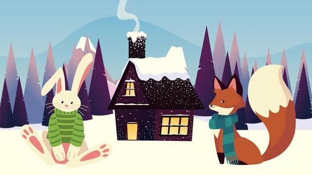 cute little rabbit and fox with christmas suits in snowscape