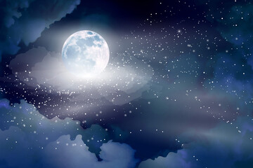 Magic night dark blue sky with sparkling stars and the moon