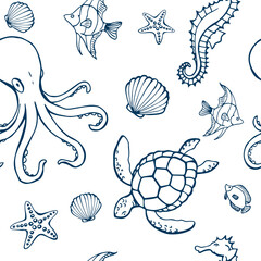Seamless pattern with different animals and marine objects. Sea or ocean underwater life background. Concept elements. Vector illustration in hand drawn style