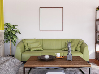 Interior Living Room Photo Frame Realistic Mockup. 3D Rendering, 3D illustration.