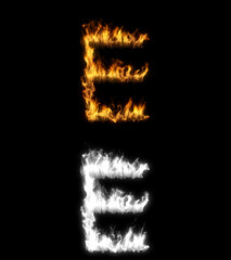 3D illustration of the letter e on fire with alpha layer