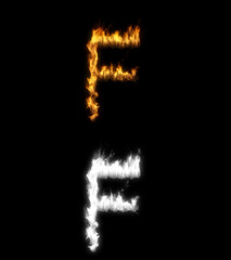 3D illustration of the letter f on fire with alpha layer