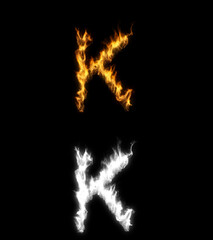 3D illustration of the letter k on fire with alpha layer
